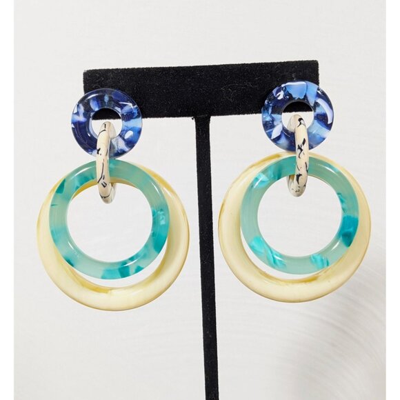 Lele Sadoughi Double Ring Drop Earrings Blue Green Oversized MINT - Picture 1 of 7